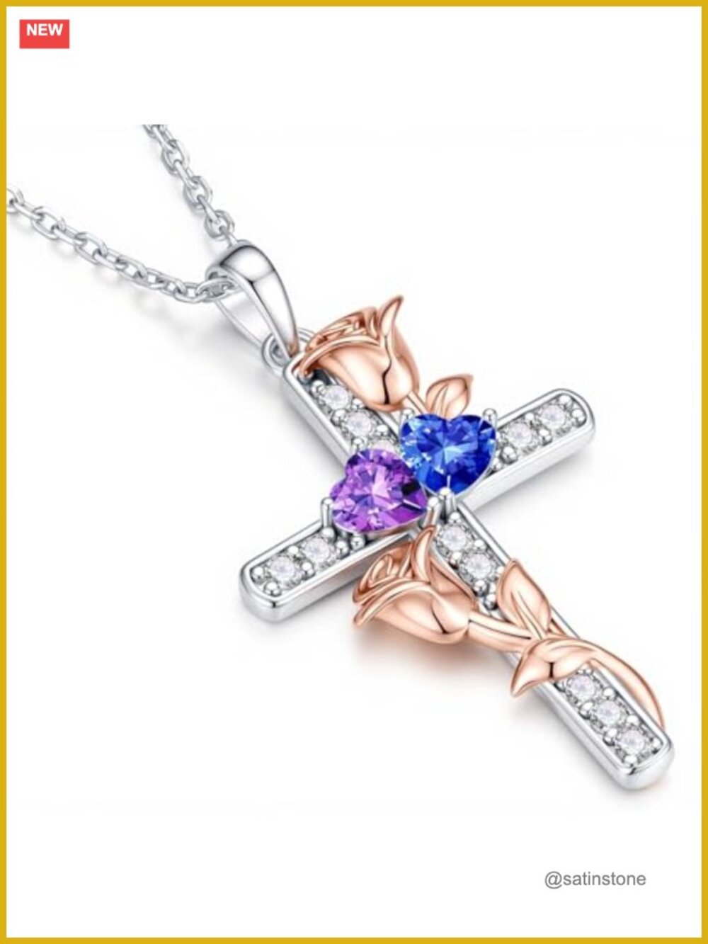 925 Sterling Silver Rose Cross Pendant Necklace 19+2 Adjustable Chain Gift